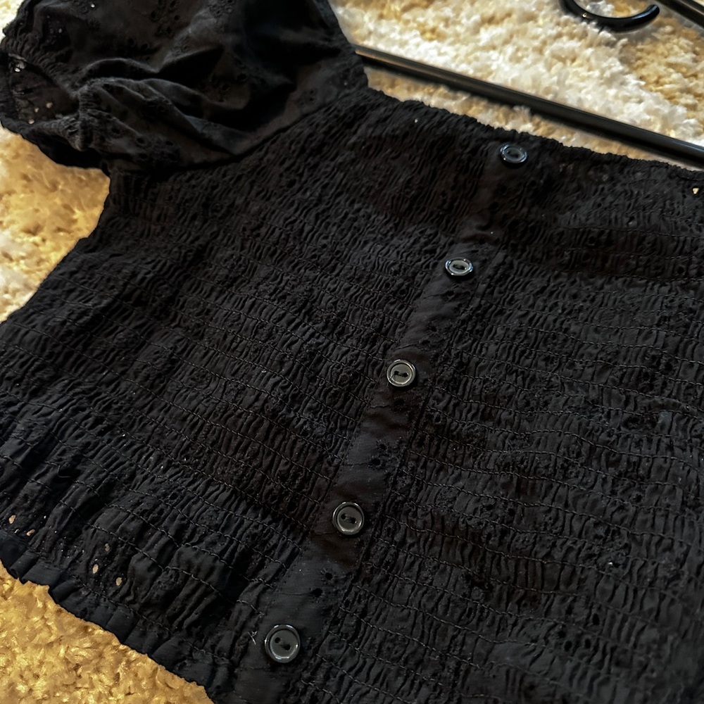 Black Puff Sleeve Button-Up Top